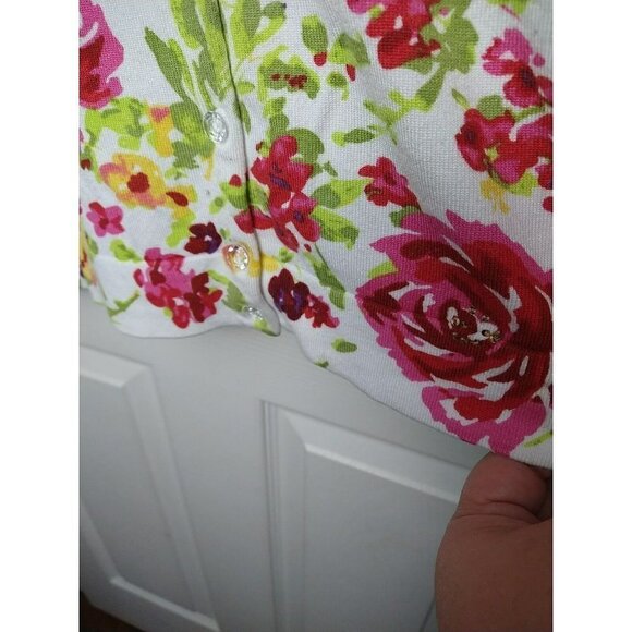 CHARTER Club White Red Flower Sequin Accent Button  round neck Cardigan Size PXL - Picture 9 of 11